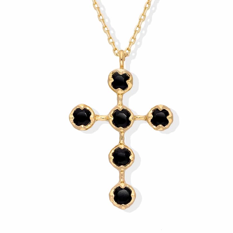 Collier Argent Doré Croix Antique Spinelle Noire