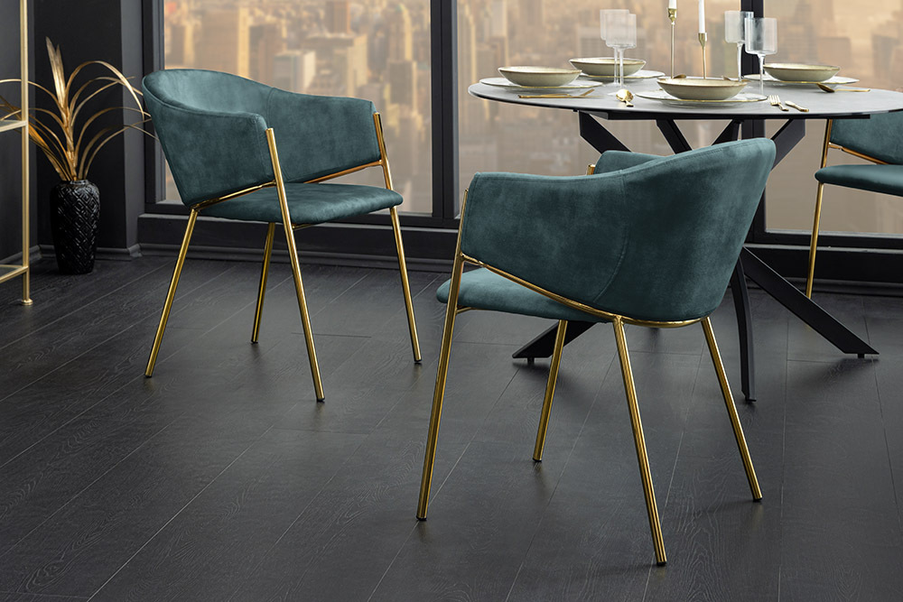 Design Stuhl NOBLESSE petrol Samt golden verchromtes Metallgestell