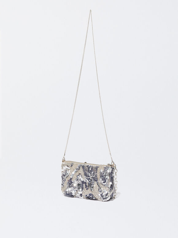 Bolsa de festa com lantejoulas e miçangas - Prateada