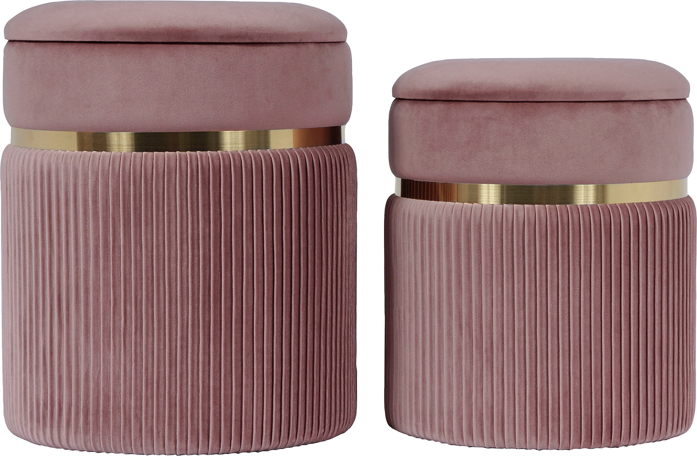 Kayoom Polstergarnitur »Hocker Zora 325 2er-Set, samtweicher Stoffbezug,runde elegante Form« Set, Hocker 1: B 36 /H 44/ T36 cmHocker 2: B 31,5 /H 38/ T31,5 cm, 2 Stk. tlg. edles Design mit Metallring, gepolstert, mit Stauraum