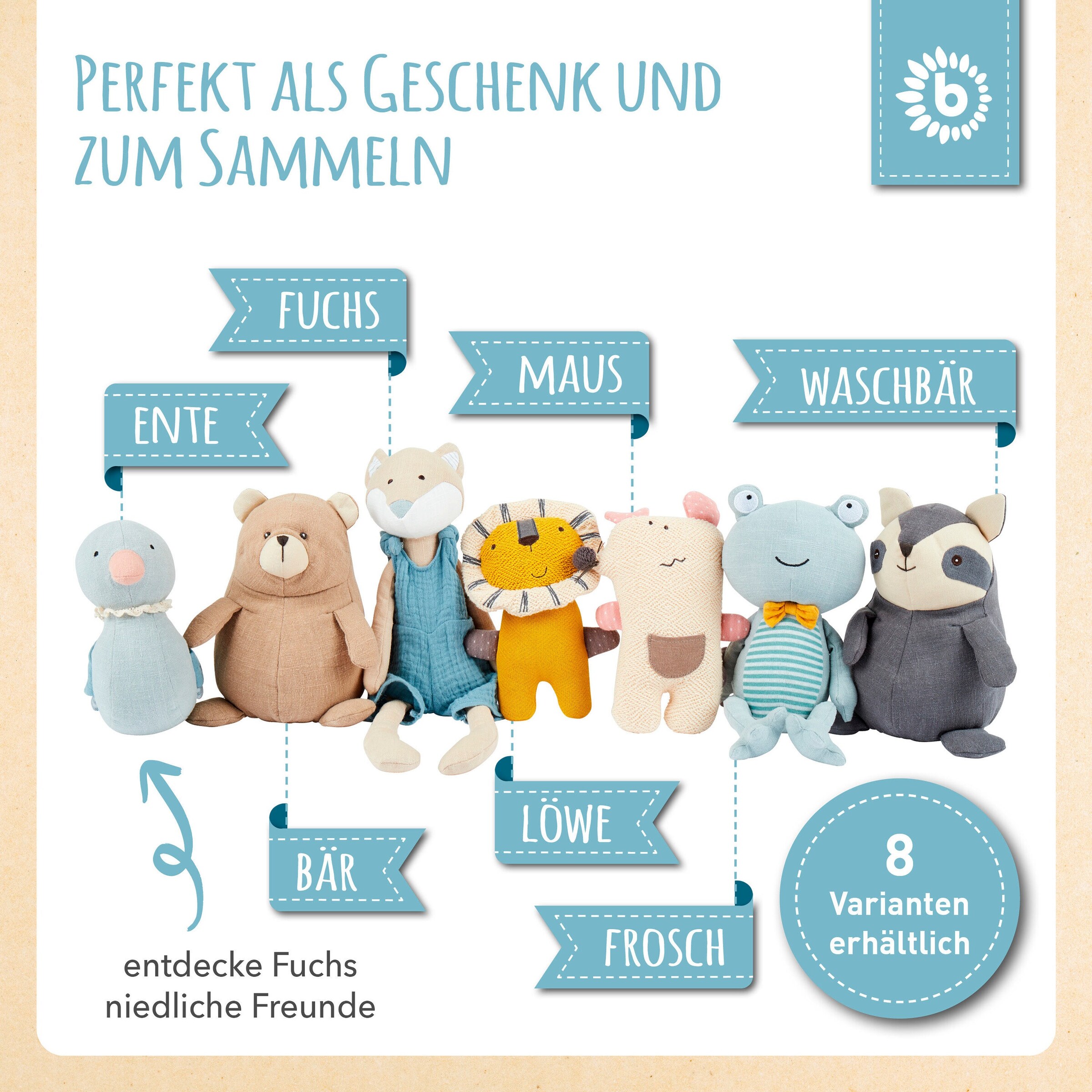 Bieco Kuscheltier aus Leinen & Musselin Fuchs - ab Geburt Blau