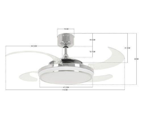 Fanaway Evo 1 LED plafondventilator, Ø 121 cm, chroom, met afstandsbediening, uitklapbare bladen, kleurveranderingsfunctie, zomer- en winterstand en LED-lichtbron.
