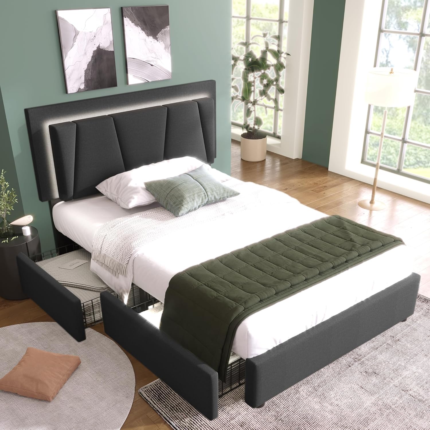 Kehun Polsterbett 90x200 cm, Einzelbett mit LED-Kopfteil, Stauraumbett 2 Stauraum Schubladen,Lattenrost aus Holz, Modern Bett Bettgestell aus Metallrahmen, Leinen, Grau, Ohne Matratze