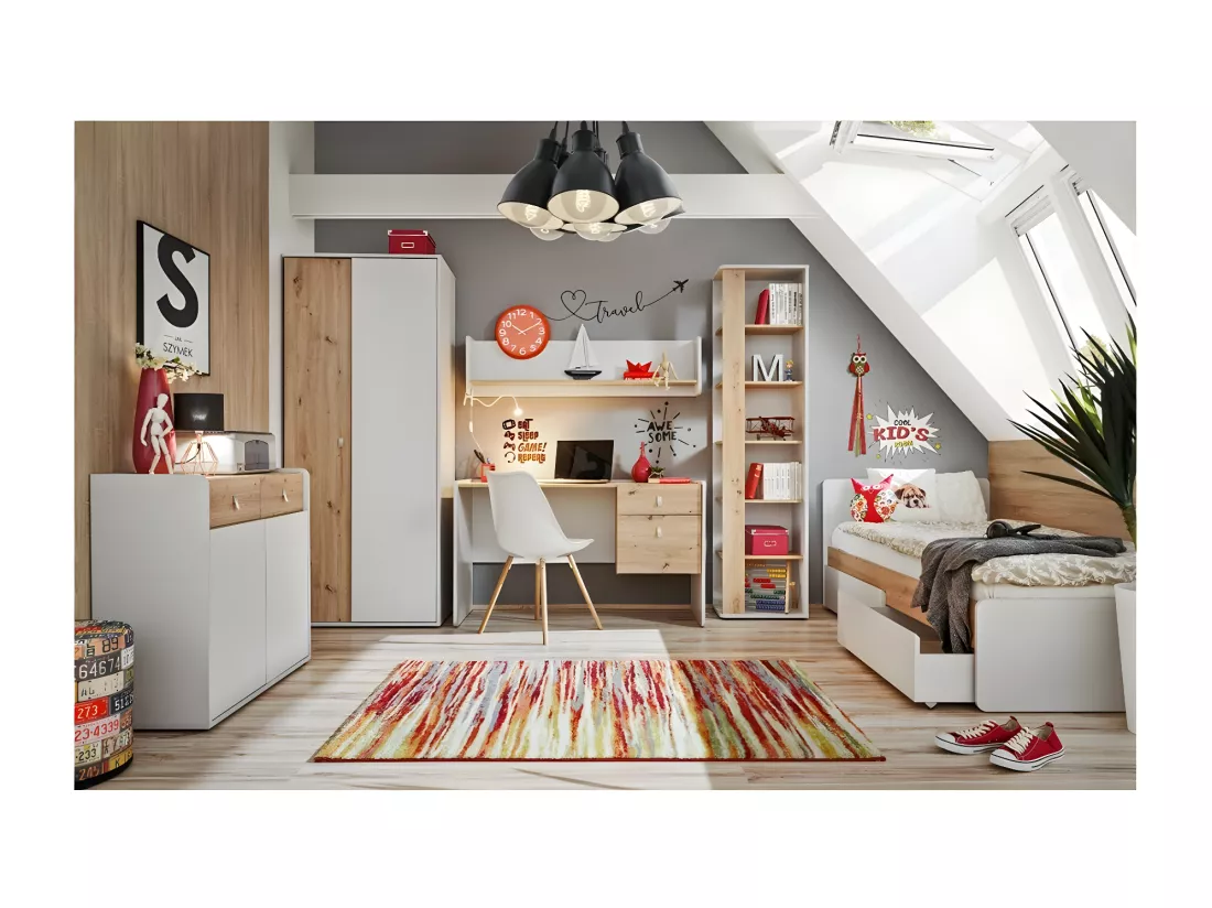 Armoire chambre d'enfant design coloris chêne et gris avec 2 portes battantes collection BIBOU.