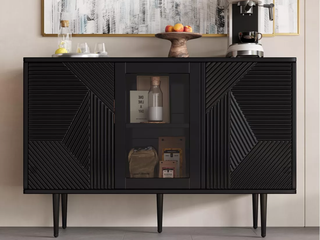 Buffet 120x38x79,5cm - avec 3 portes - avec pieds en métal + portes vitrées - noir