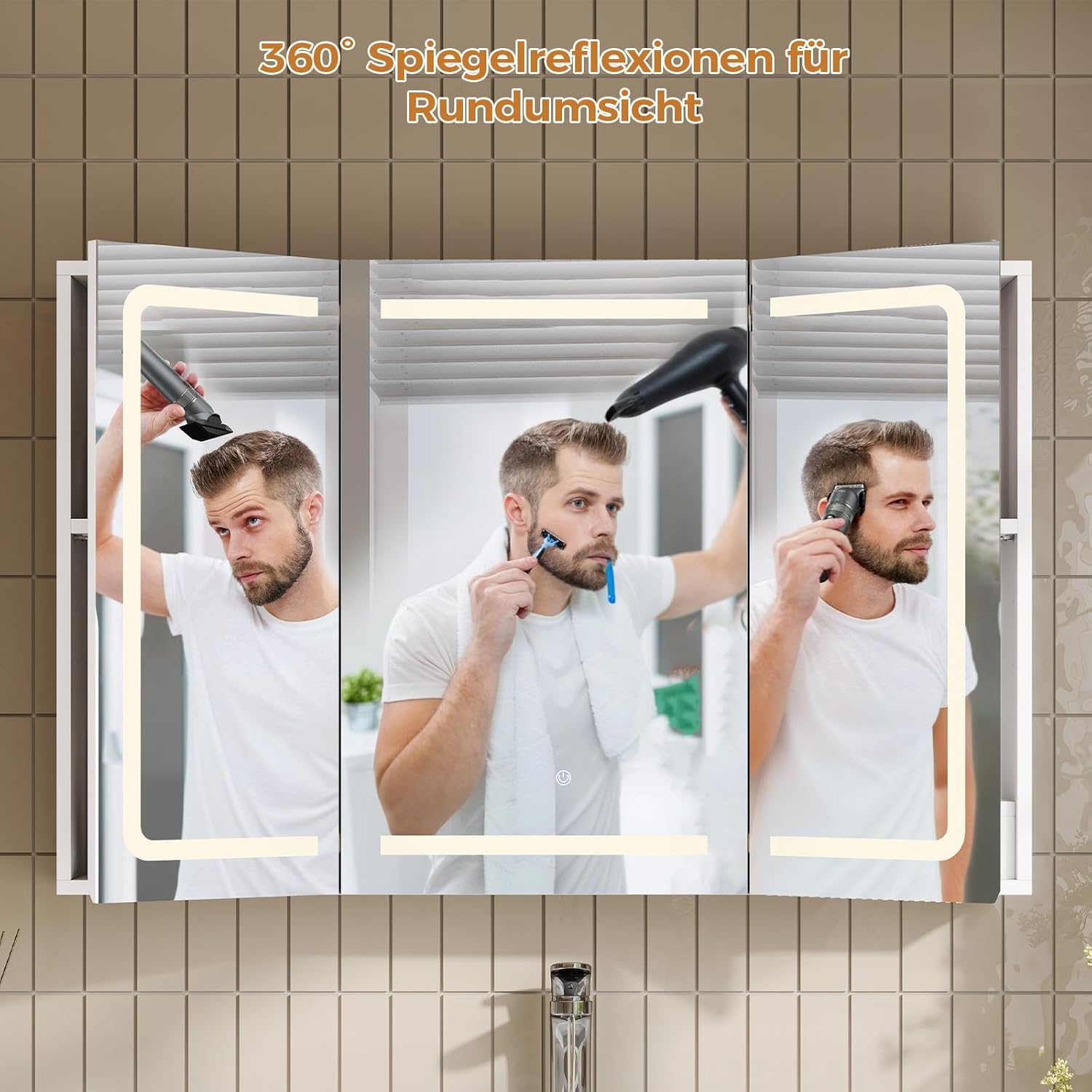 Spiegelschrank mit LED-Beleuchtung,Steckdose & 3 Farbtemperaturen|Badezimmerschrank 60×90×16 cm (H×B×T) dimmbar +Touch-Sensor|Weißer Badspiegelschrank mit 3 x verstellbaren Regalen&Spiegel
