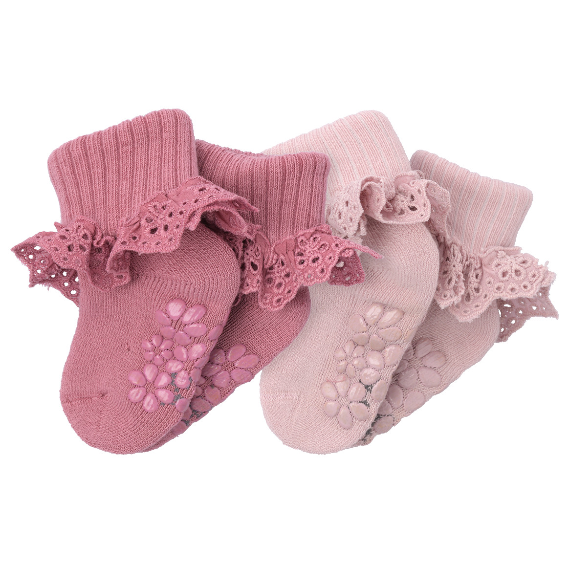 Topomini Pure Collection 2 Paar Baby Stoppersocken mit Spitze rosa / dunkelrosa