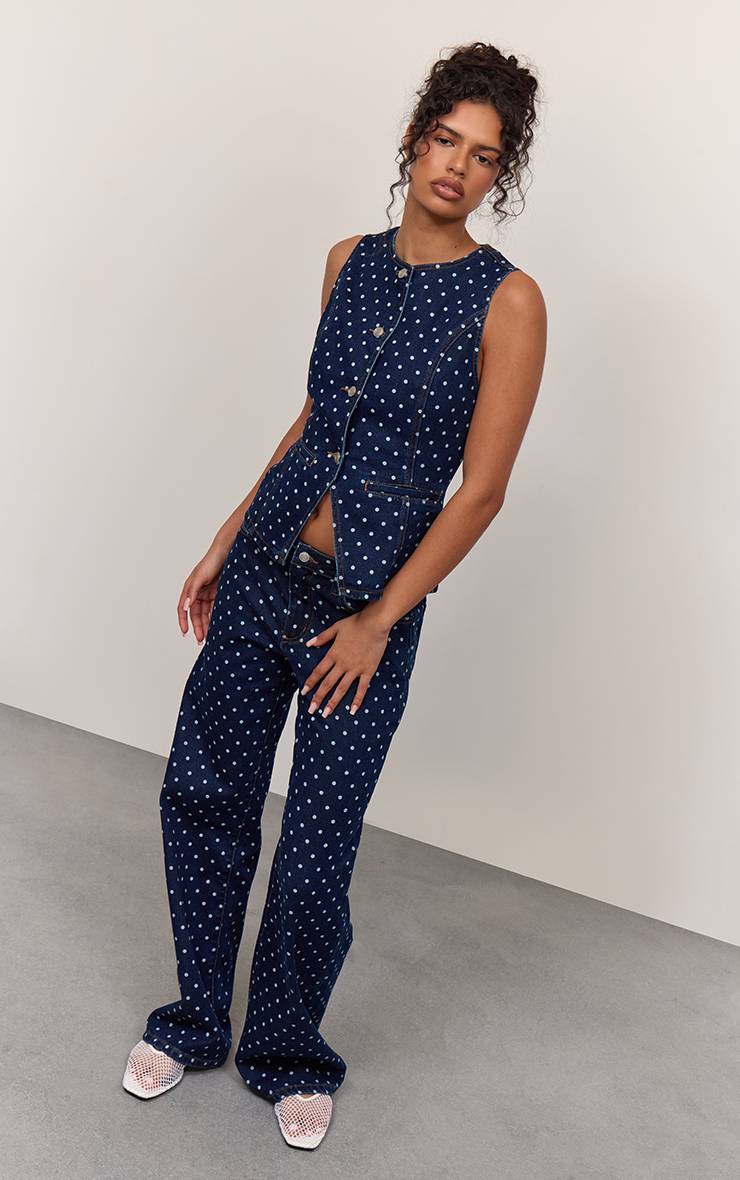 Bleu Indigo Gilet Long En Jean Ajusté À Pois