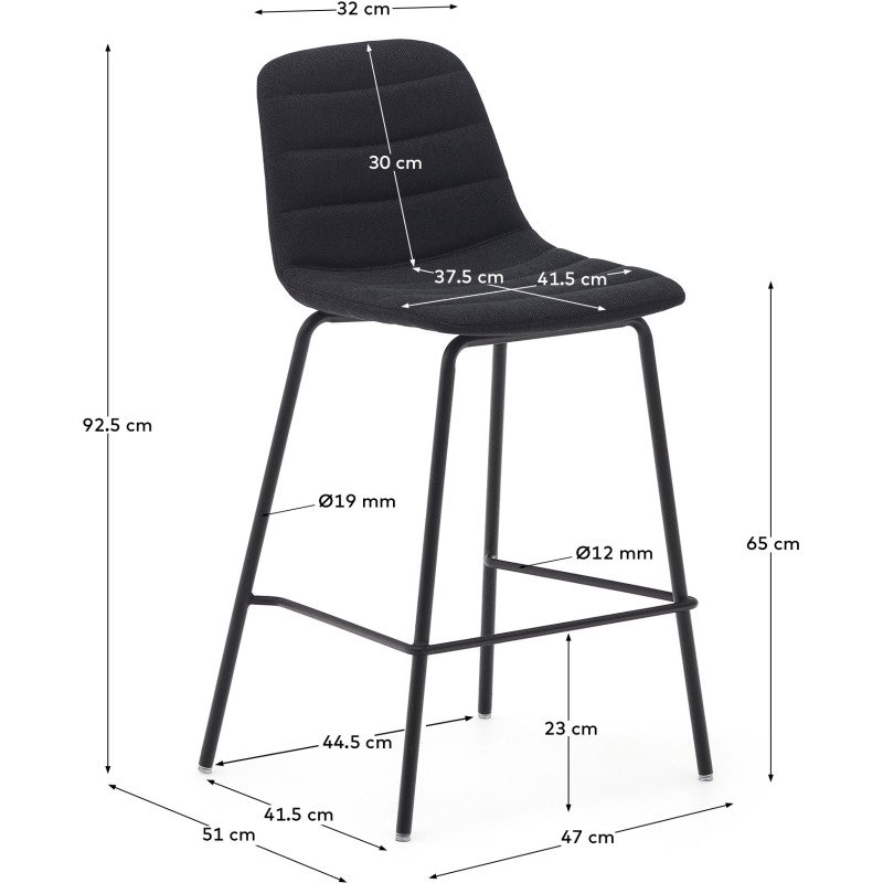 Tabouret  Zunilda en chenille noir  et acier avec finition noir mat hauteur 65 cm
