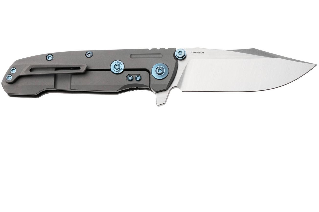 Reate District 9 V2, 9DV2-BE-SAT-TI-BLU, Satin 154CM, Bead Blasted Titanium, Blue Hardware zakmes