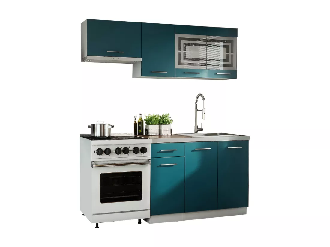 Cuisine GIOVANNA 5 éléments - turquoise mat 1m80 - portes vitrées à motif