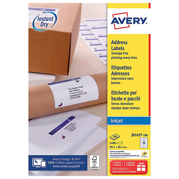 Boite de 1400 étiquettes jet d'encre blanches J8163 format 99,1 x 38,1 mm Avery