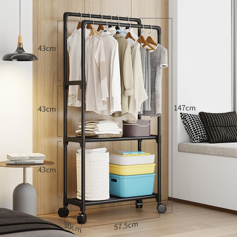 (147x57.5cm) Kleiderständer Garderoben Kleider Stange mit Rollen   Ablage - Schwarz