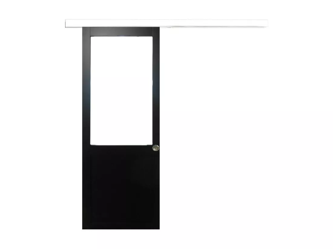 Porte Coulissante Atelier Noir H204 X L93 Sans Meneau + Rail Alu Bandeau Blanc Et 2 Coquilles Gd Menuiseries