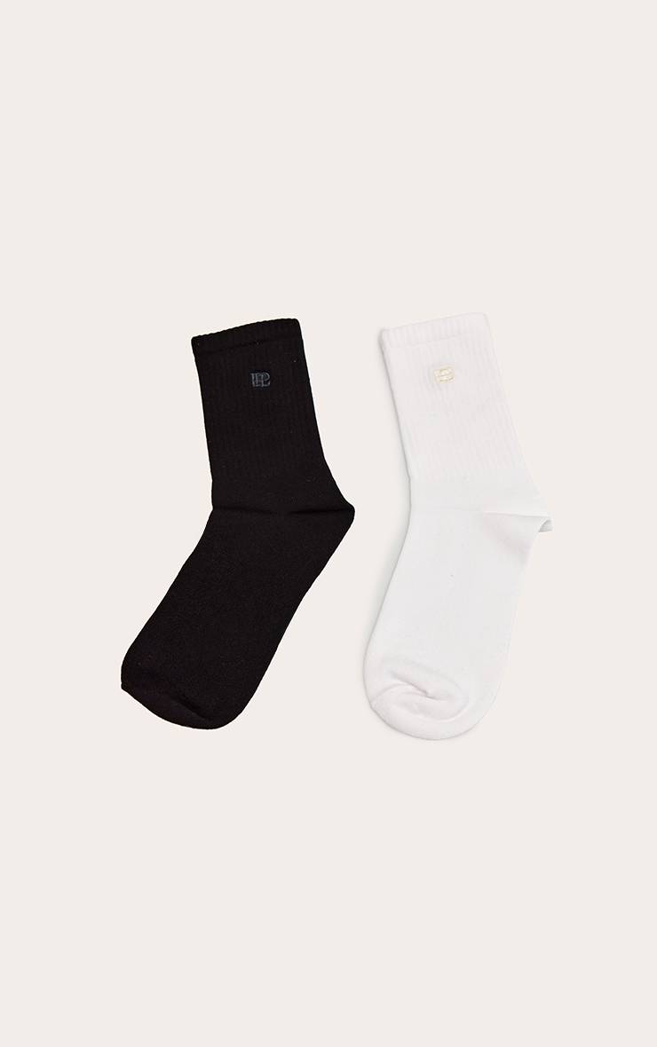 Noir Lot De 2 Paires De Chaussettes Côtelées Brodées Blanches