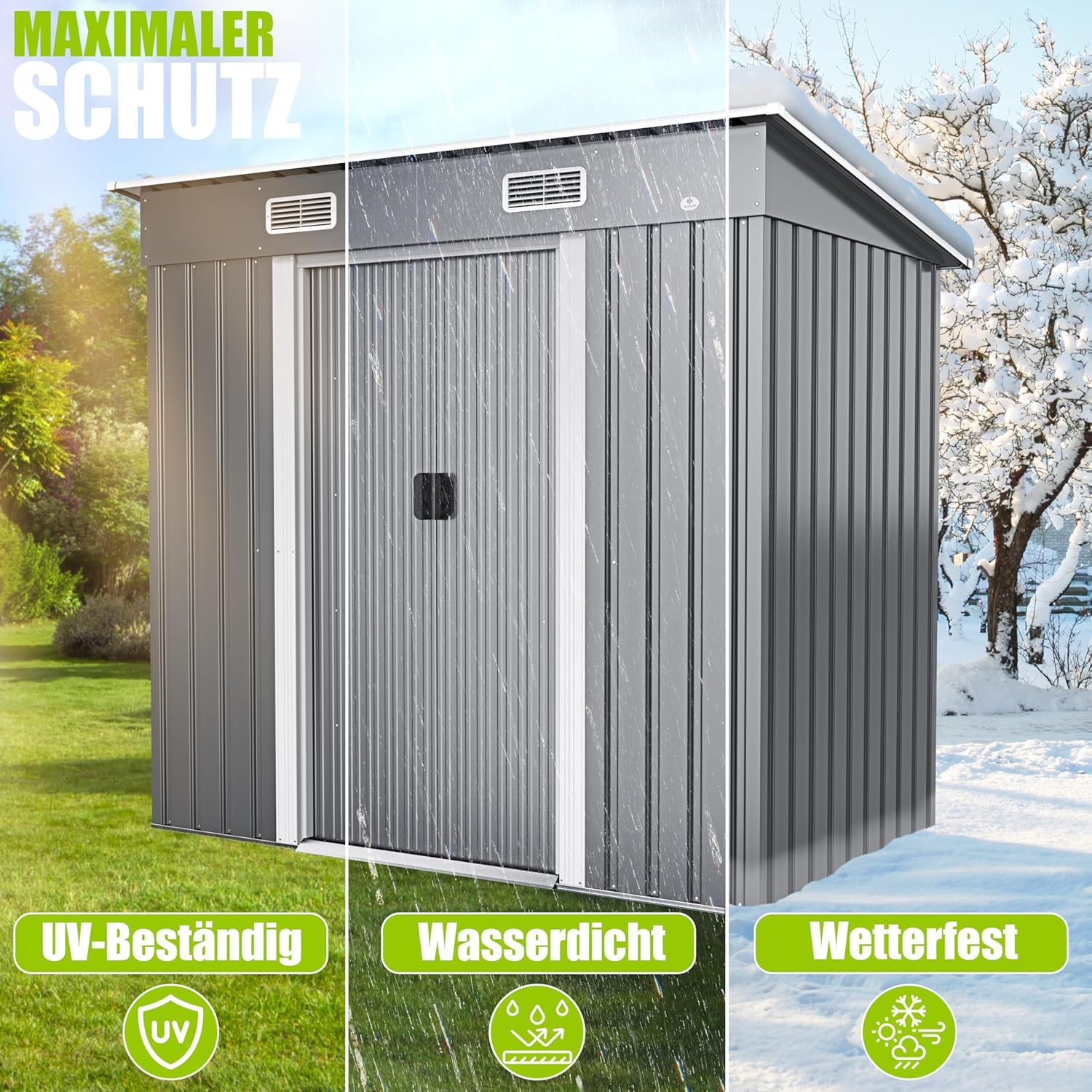 KESSER® - Gerätehaus L Metall 4 m³ mit Fundament | 194x121x181 cm | 2X Schiebetür & Fundament | Geräteschuppen | Gartenhaus Schrank | Pultdach Garten Schuppen, Ink. Arbeitshandschuhe Grau