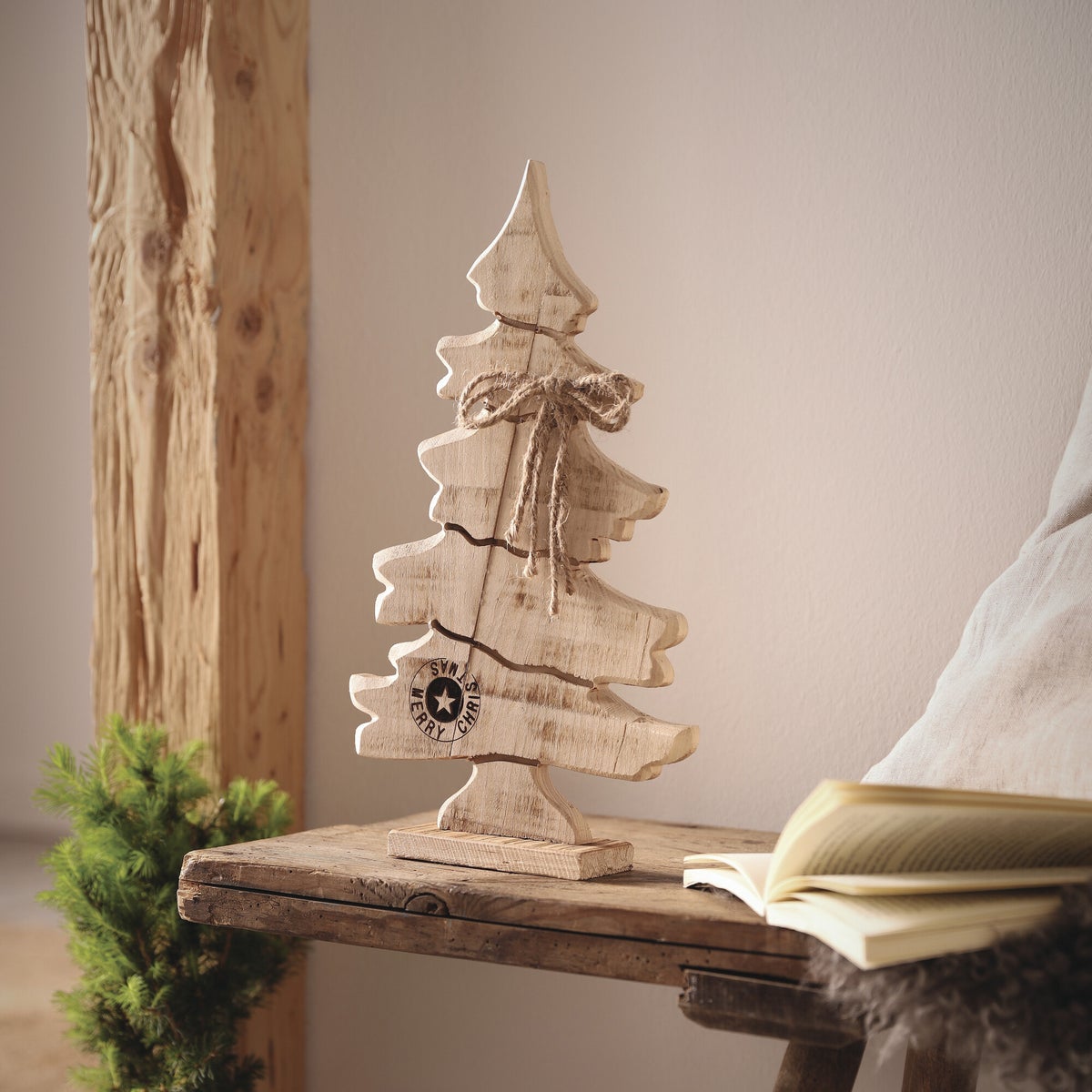 FRANK FLECHTWAREN | Houten decoratie Merkboom, 21 x 5,5 x 37 cm, SPAR, POPULIER, JUTE