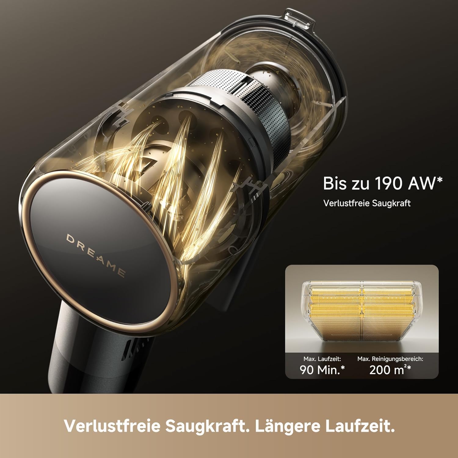 dreame R30 Kabelloser Staubsauger, Seitenbürste, für zahlreiche Flächen, Staubbeleuchtung, ohne Verheddern, 22,000PA / 190 AW Saugkraft, 90 Min. maximale Laufzeit, Filterung 99,9%