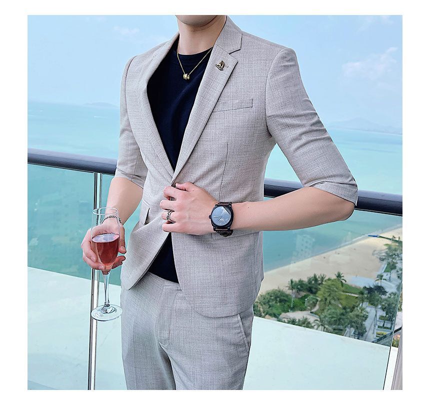 Deepwood - Set: Blazer met elleboogmouwen, reverskraag en één knoop + effen pantalon met hoge taille