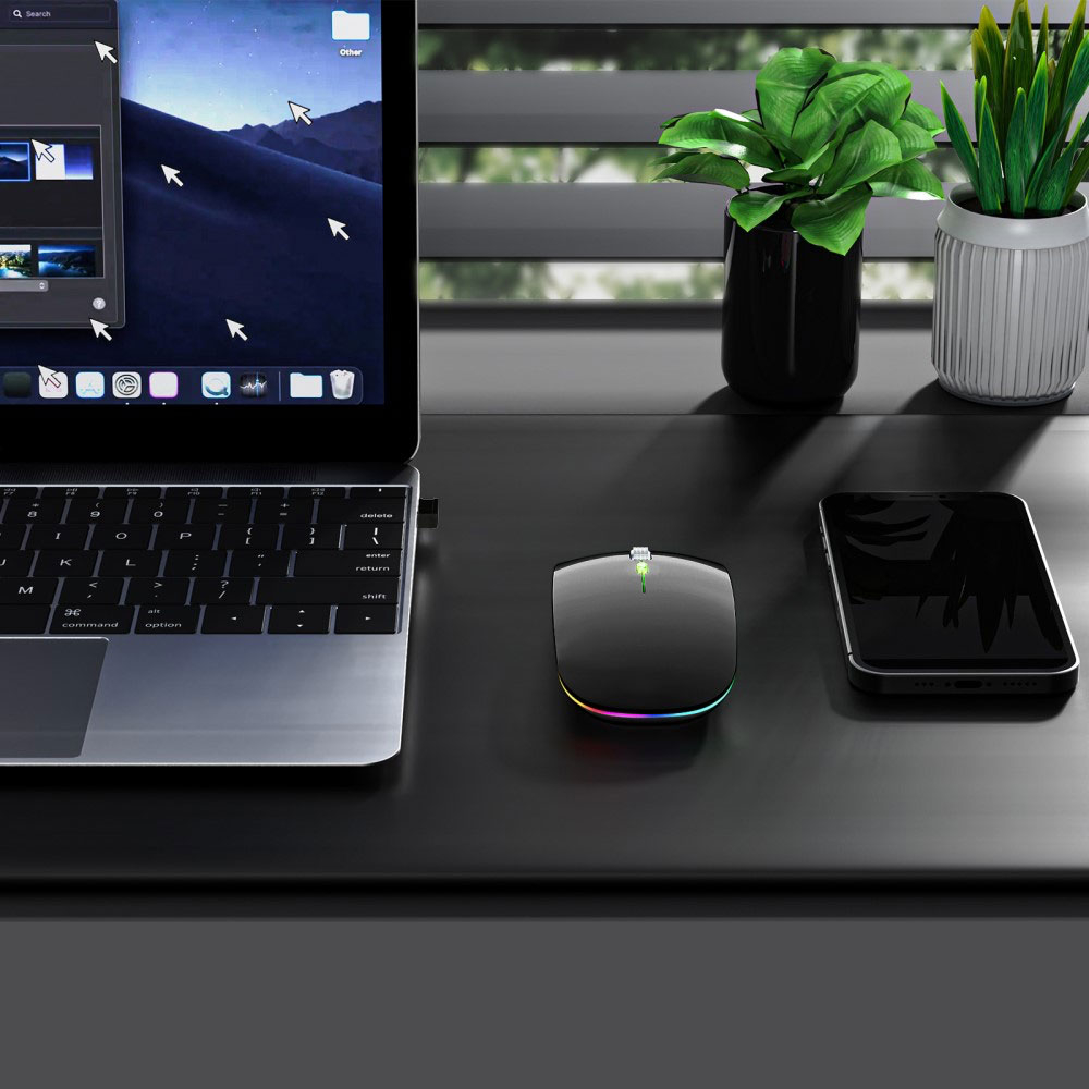2.4GHz Optische Wireless Bluetooth   Funk Maus 1600 DPI mit RGB LED Beleuchtung und 450mAh Akku (Silent Click) - Schwarz