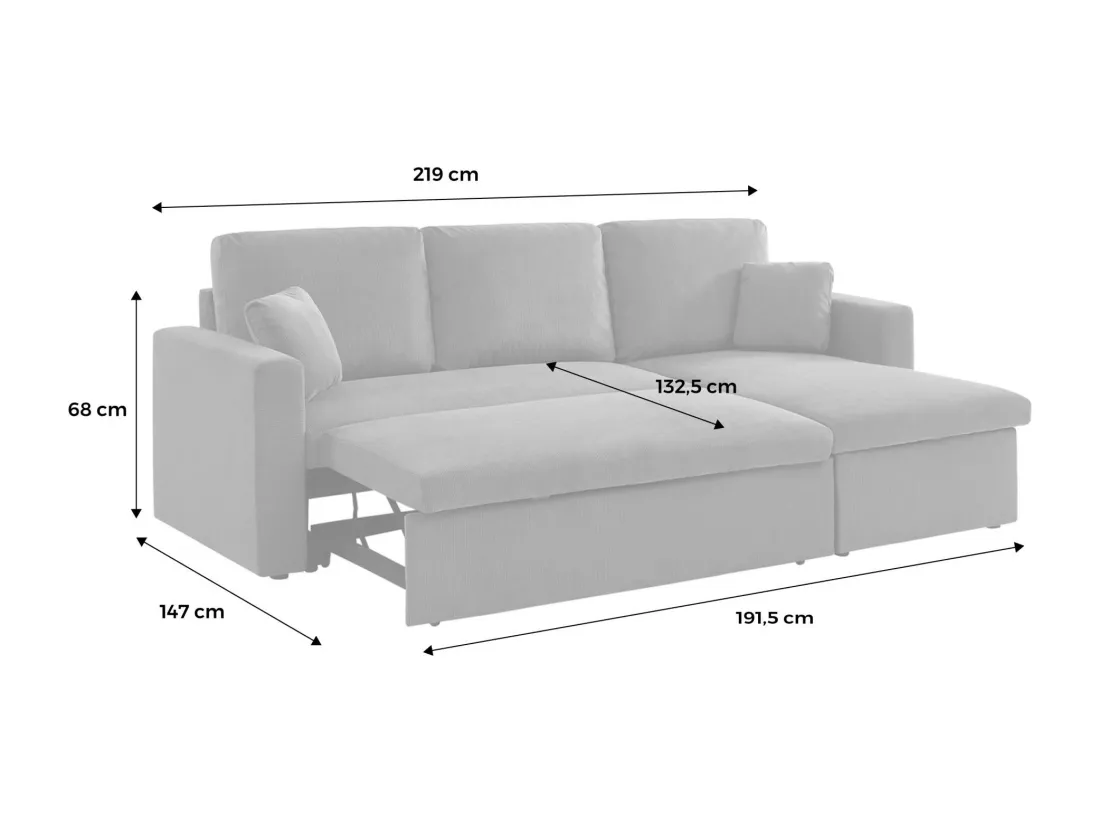 Canapé d'angle convertible en velours côtelé gris clair - IDA - 3 places. fauteuil d'angle réversible coffre rangement lit modulable