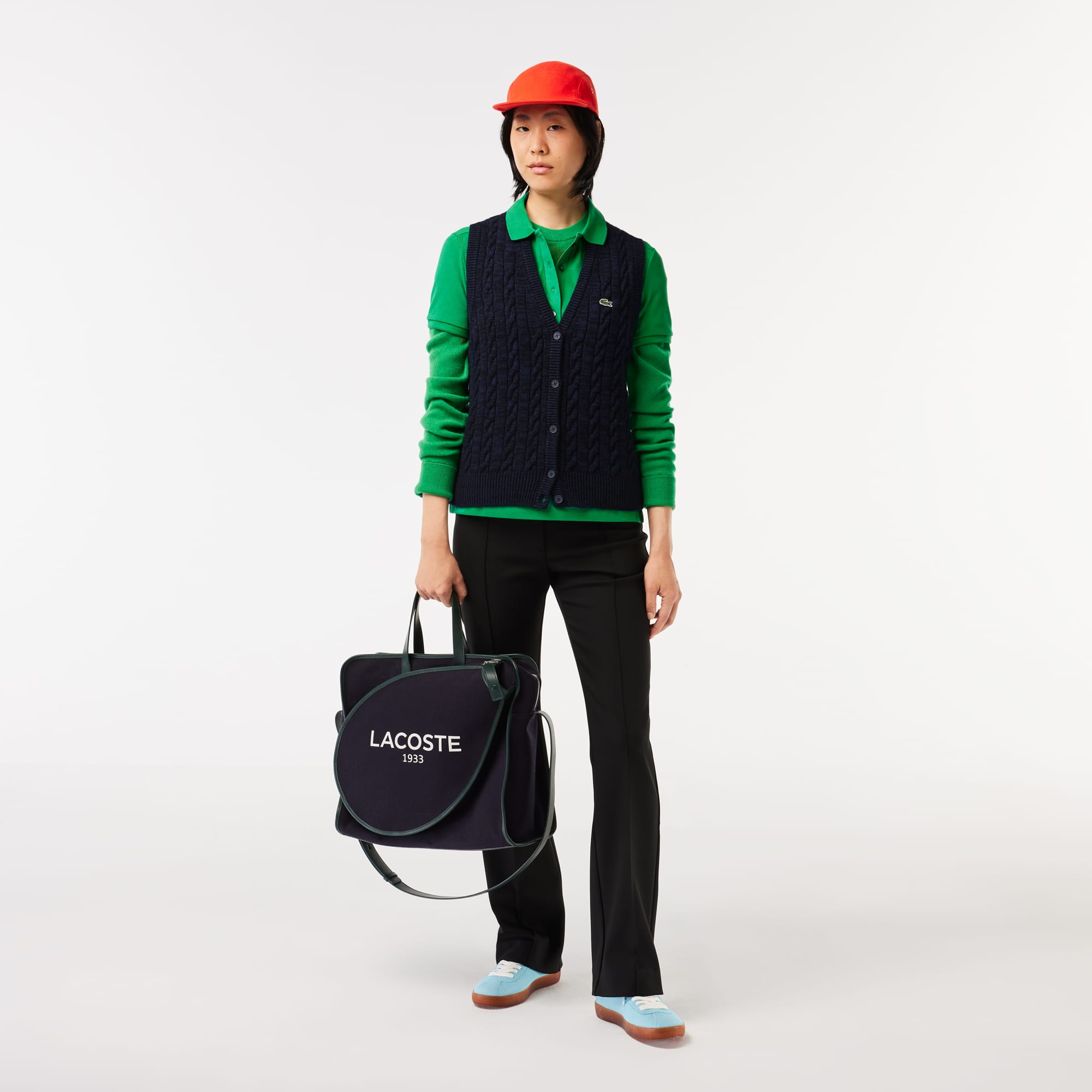 Cardigan sans manche à torsades en coton et laine Pullovers - Bleu - Lacoste - Femme