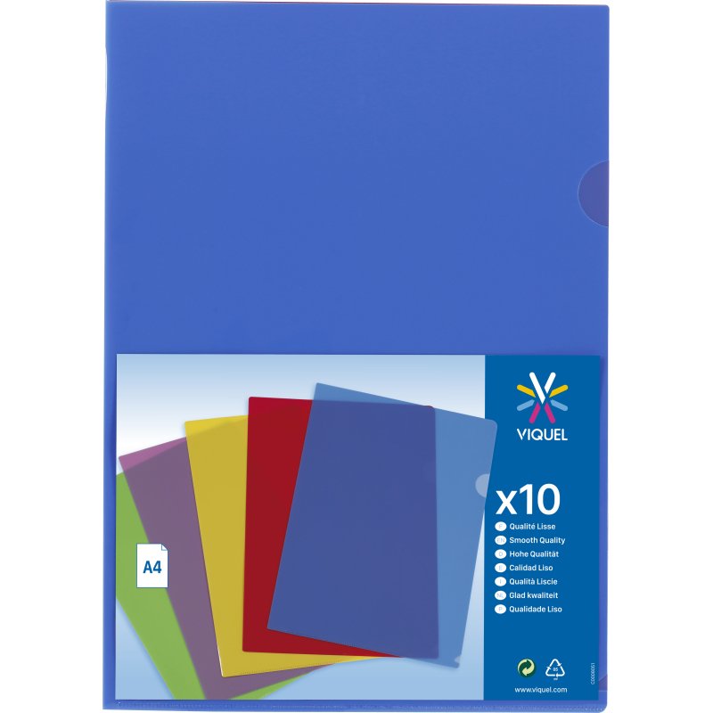 Chemise coin plastique VIQUEL A4 polypropylène 13/100e transparente couleurs assorties – Paquet de 10
