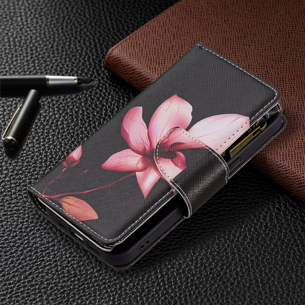 iPhone 13 Pro Leder Wallet Etui Tasche mit 9 Kartenfächern   Münzfach Blume - Schwarz