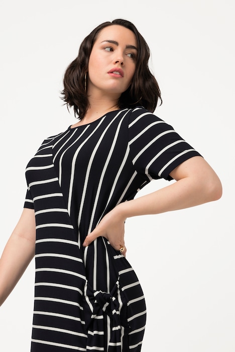 Midikleid, Streifenmix, drapiert, Rundhals, Halbarm
