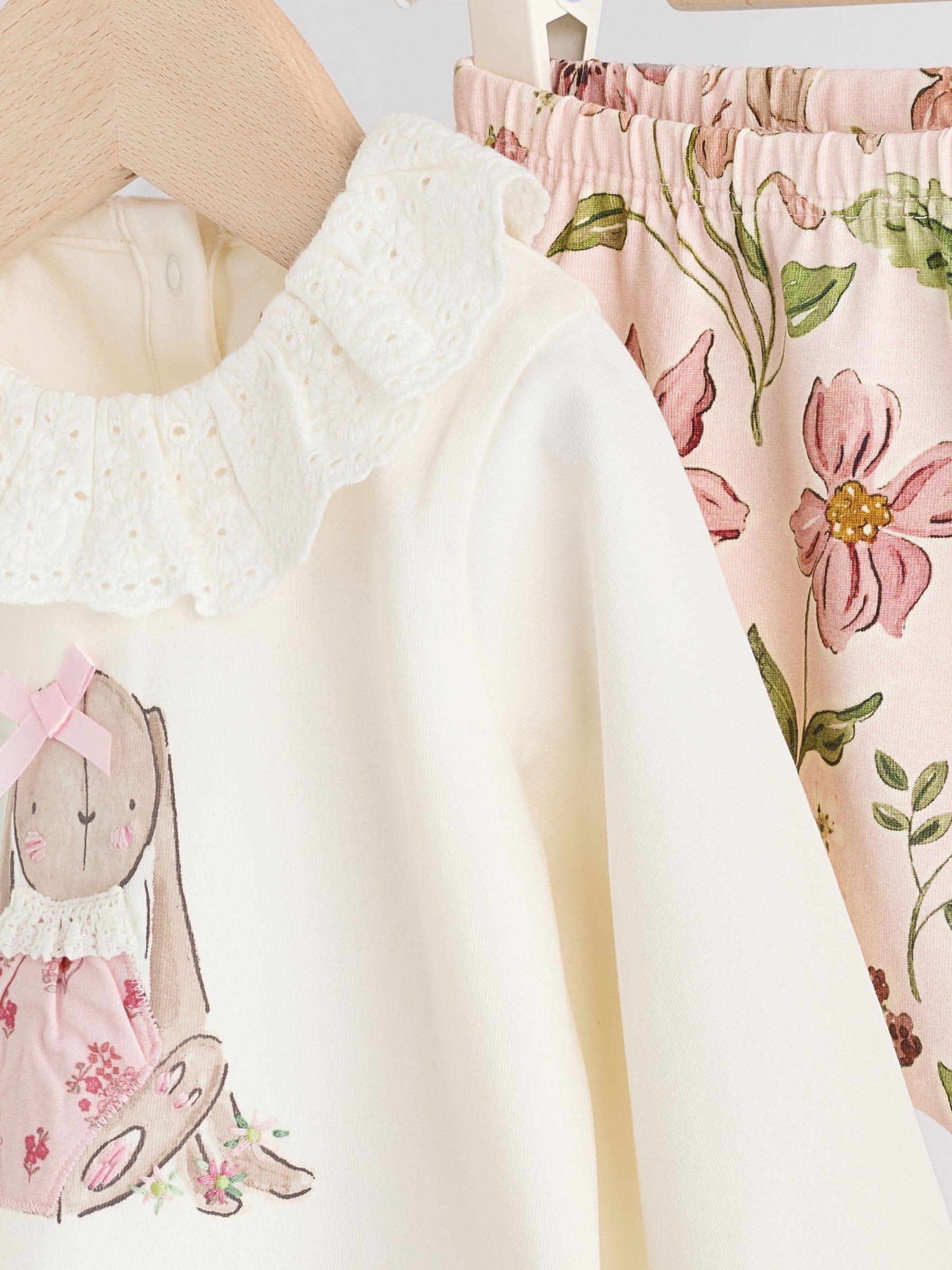 Wit/roze/konijn/bloemenprint - Set met lange mouwen en legging voor baby's (0mnd-2jr)