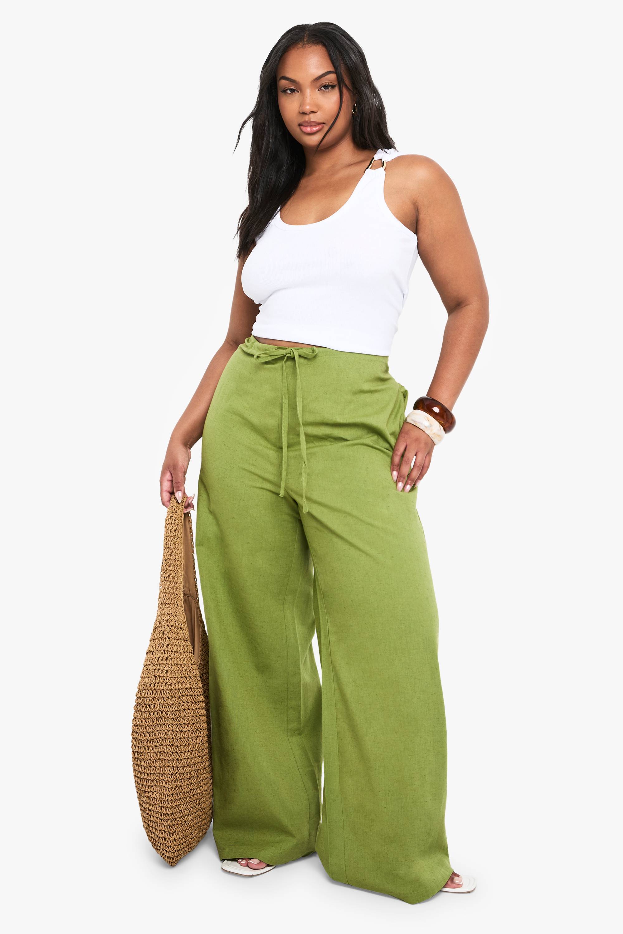 boohoo Pantalon taille plus en lin à cordon pour jambes larges