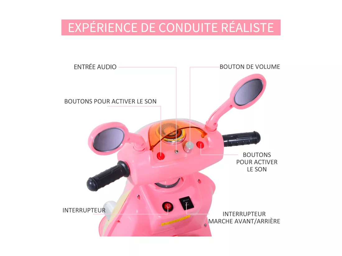 HOMCOM Moto scooter électrique pour enfants 6 V env. 3 Km/h 3 roues et topcase effet lumineux et sonore rose