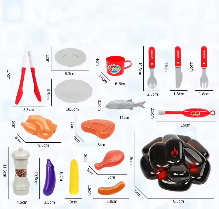 (27-tlg. Set) Kinder BBQ Grill Spielzeug Spielküchen Zubehör mit LED Beleuchtung   Sounds (Batteriebetrieben)