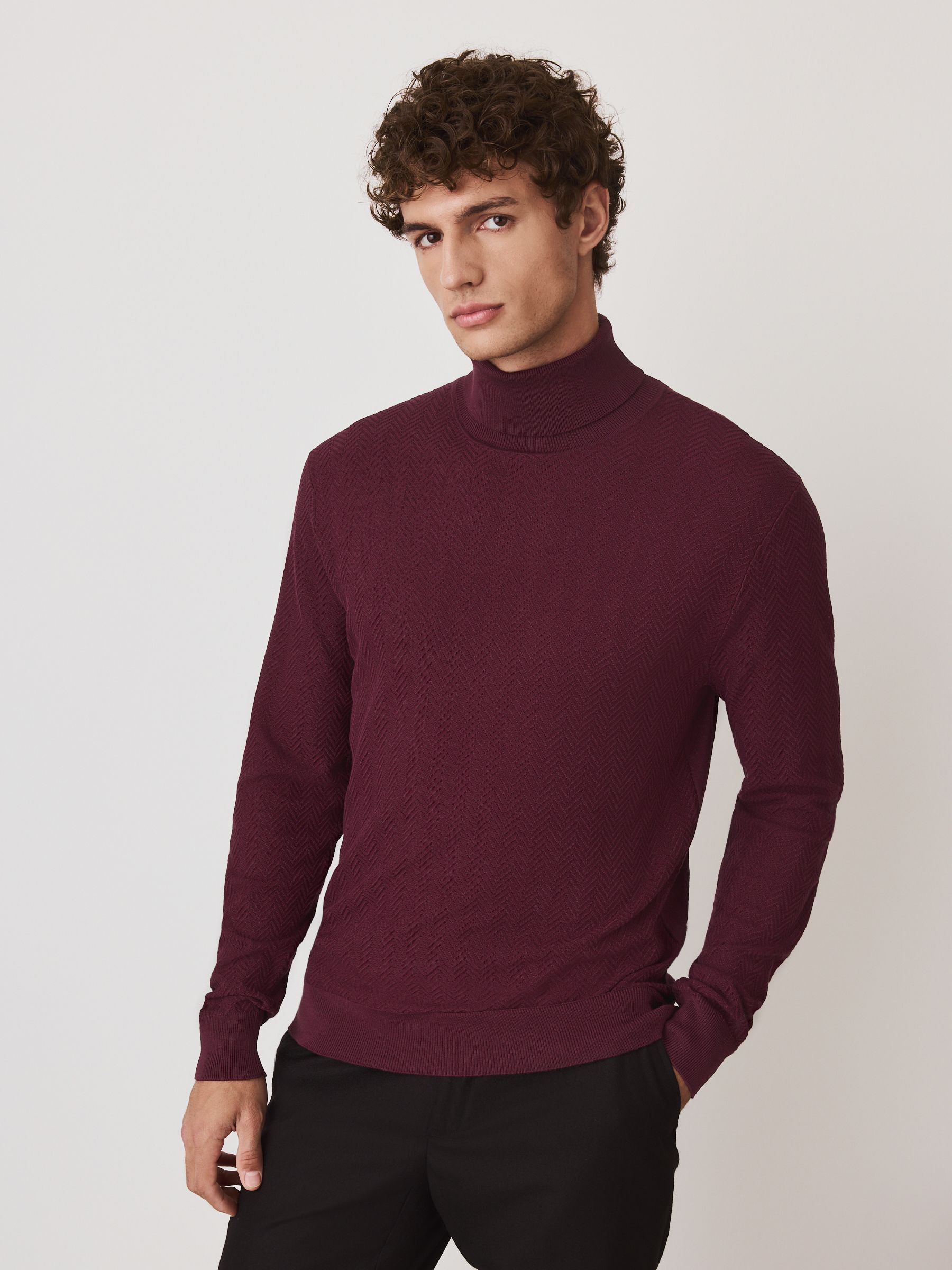 Bordeauxrood - Slim Fit Herringbone Texture Roll Neck Jumper