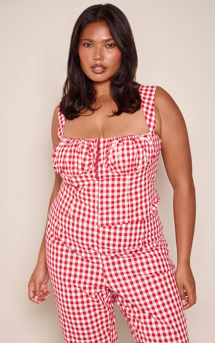 Rouge Ensemble Crop Top Tissé Vichy Rose Grande Taille