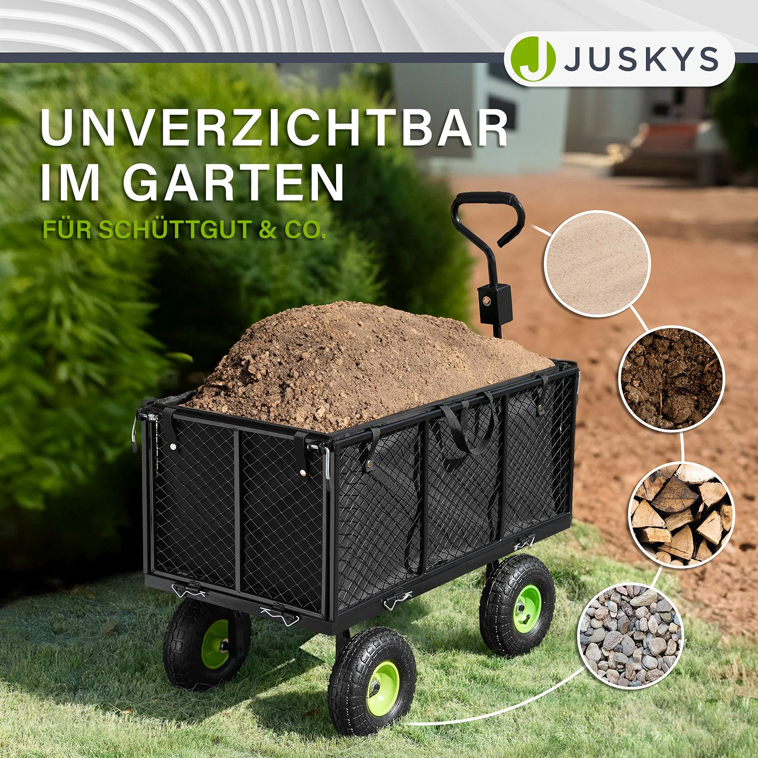 Juskys Metall Gartenwagen 550 kg belastbar - Luftreifen, Plane & Handschuhe - Bollerwagen faltbar