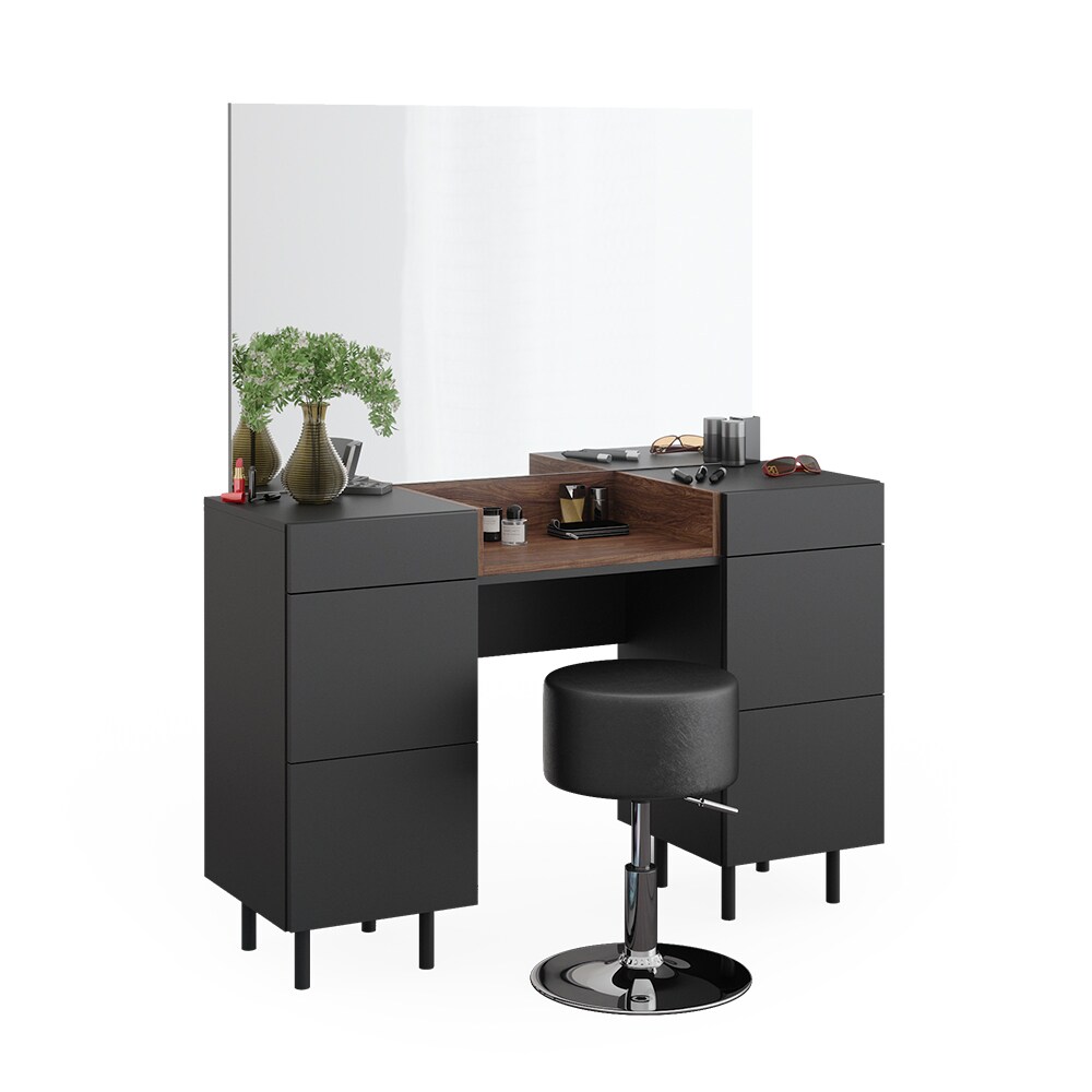 Vicco Schminktisch Anika mit Spiegel, Hocker, 120 x 80 cm, Anthrazit Walnussbraun, Schlafzimmer