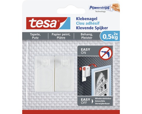tesa lijmspijker voor behang & pleisterwerk, wit, draagvermogen 0,5 kg, 2 stuks.