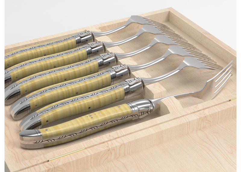 Service de 6 fourchettes Laguiole avec un manche en érable onde et mitres en acier inoxydable