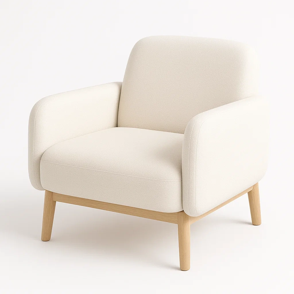 Fauteuil en tissu écru avec pieds en bois
