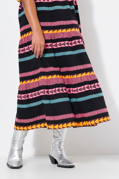 Maxikleid, A-Linie, Jacquard-Streifen, V-Ausschnitt, 3/4-Ärmel