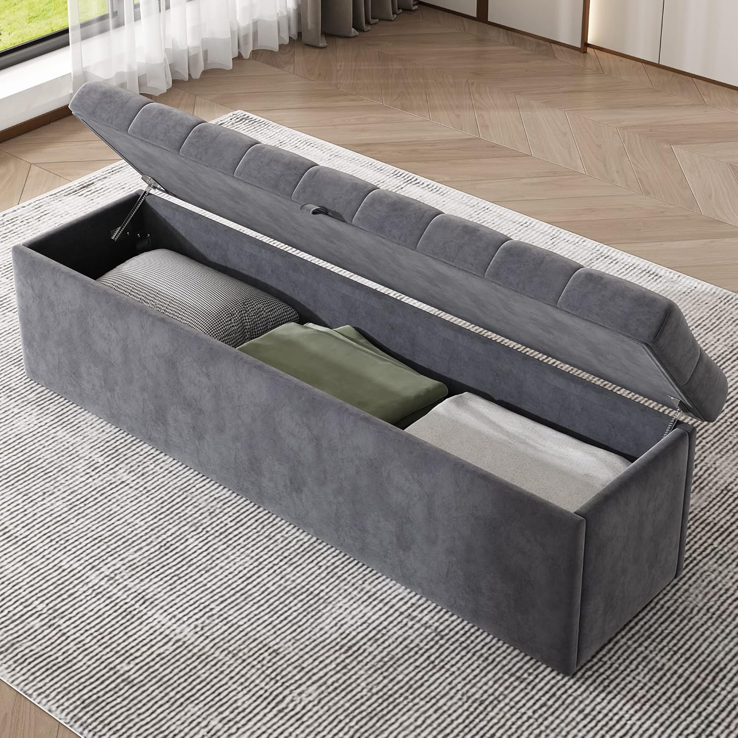 Polsterbank Samt, Gepolsterte Sitzbank, Betthocker, Bank mit Stauraum, grau 138 x 41 x 42 cm