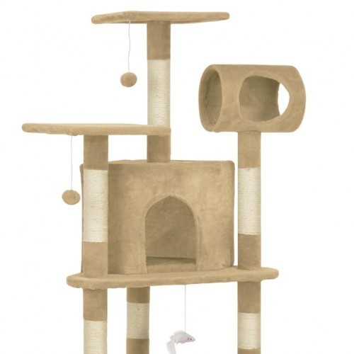 Arranhador bege para gatos com hastes revestidas de sisal.