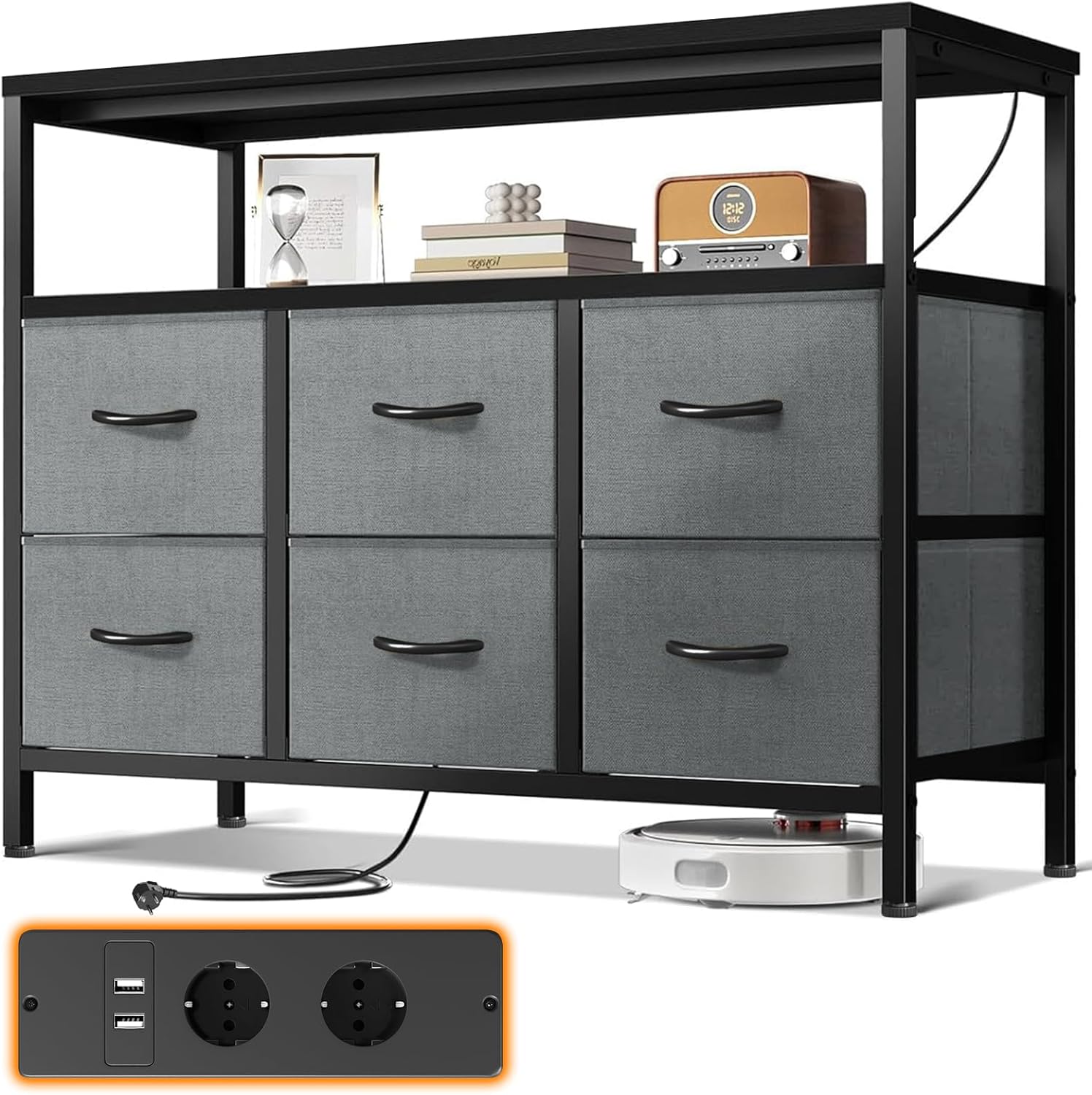 ODK Kommode mit Schubladen, mit 2 Steckdosen und 2 USB, 6 Großen Stoffschubladen, Multifunktionaler Schubladenschrank Geeignet für Schlafzimmer und Wohnzimmer, 100 * 30 * 85.2cm, Schwarz