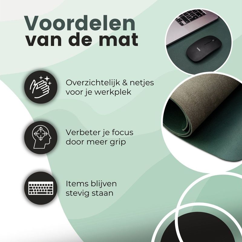 WURK - Bureau Onderlegger - Groen - Kunstleer - XXL 80x40 cm - Inclusief Kabel Clip