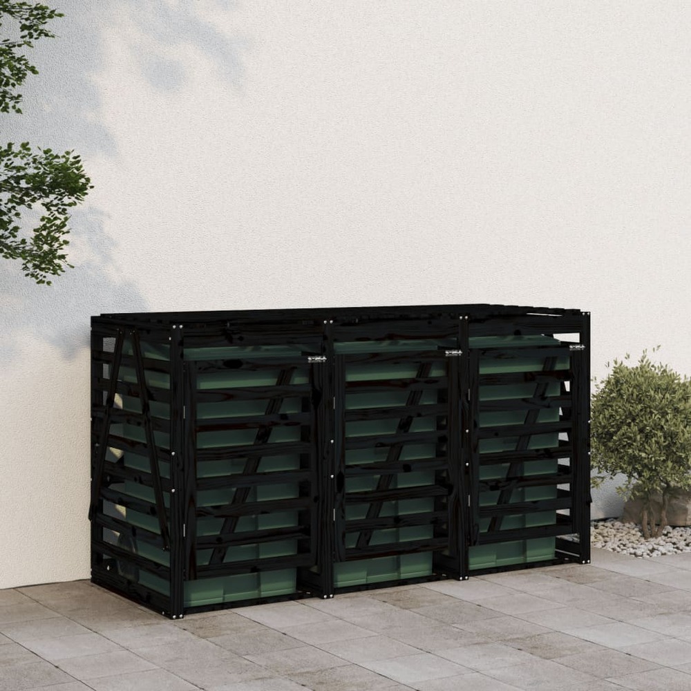 Abri pour poubelle triple sur roulettes noir bois massif de pin