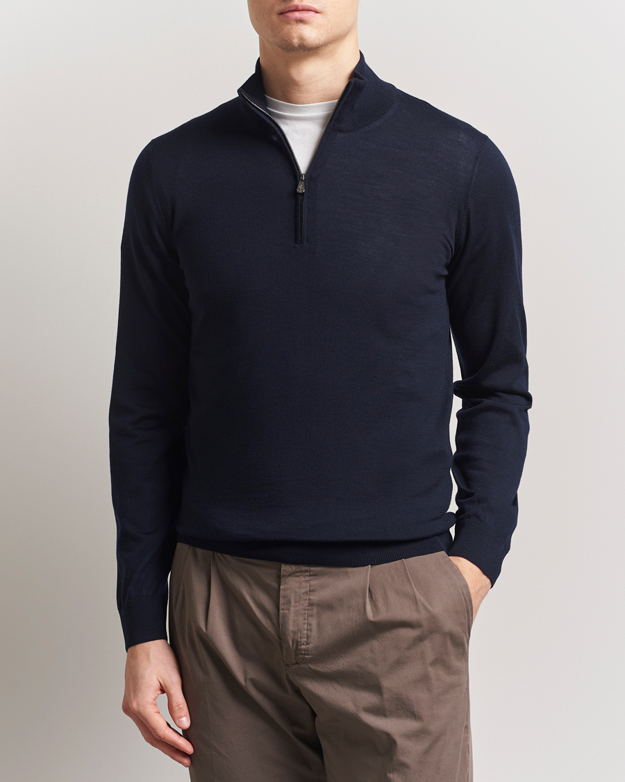 Piacenza Cashmere Merino Wool Crew Neck Half Zip Navy