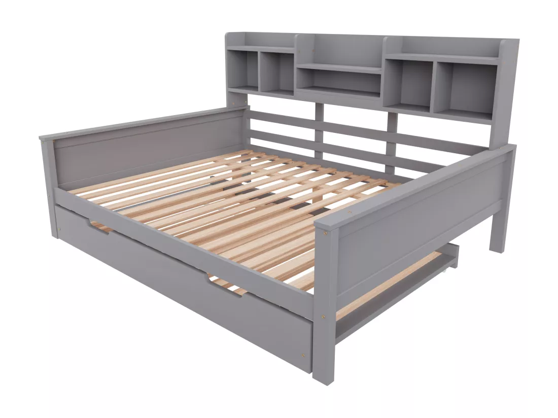 Canapé-lit gigogne 140x200 cm - Lit gigogne 90x190 cm - avec rangement - sommier à lattes - pin multi - gris (matelas non inclus)