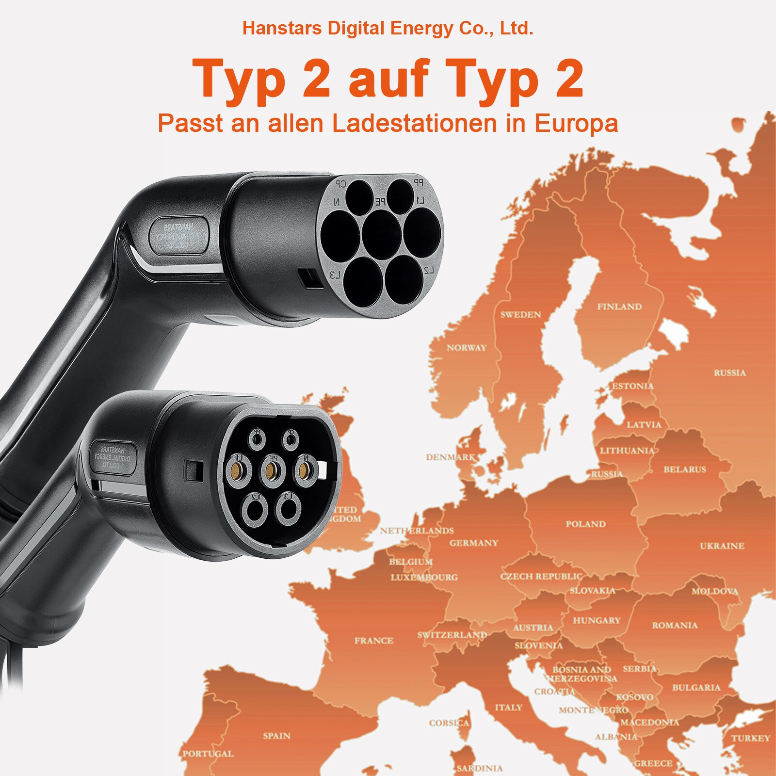 HANSTARS EV-Ladekabel, Typ 2 auf Typ 2, 3-Phasig 32A 5 Meter 22 kW mit Tasche