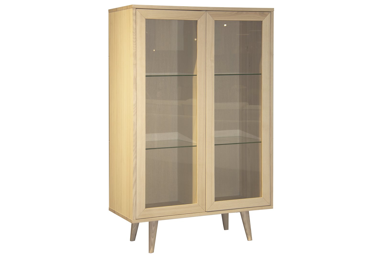 Woodcraft lavt vitrineskap Hvitoljet heltre ask med glassdører og ben nr. 2